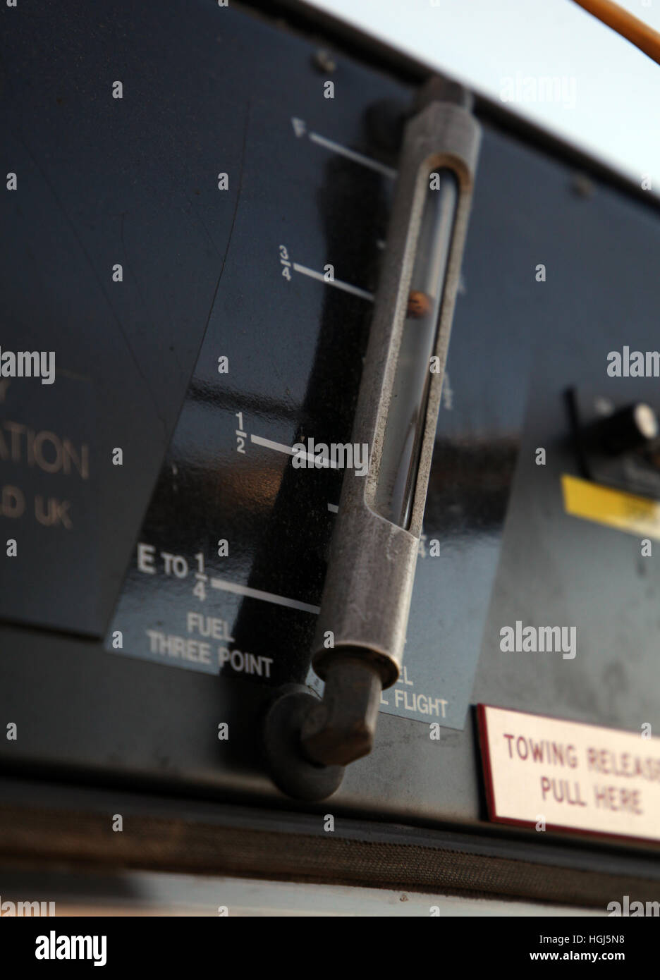 the fuel gauge in the cockpit of a Piper Supercub PA18 light aircraft Stock Photo