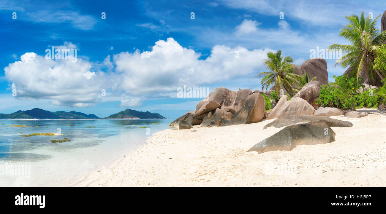 Paradise beach of La Digue island, Seychelles. Stock Photo