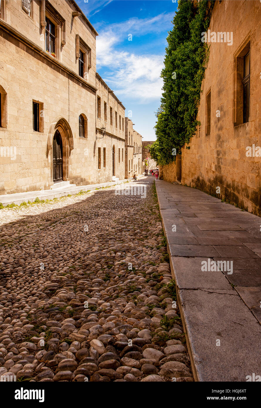 paved cobbled street of the avenue of the nights in rhodes, greece