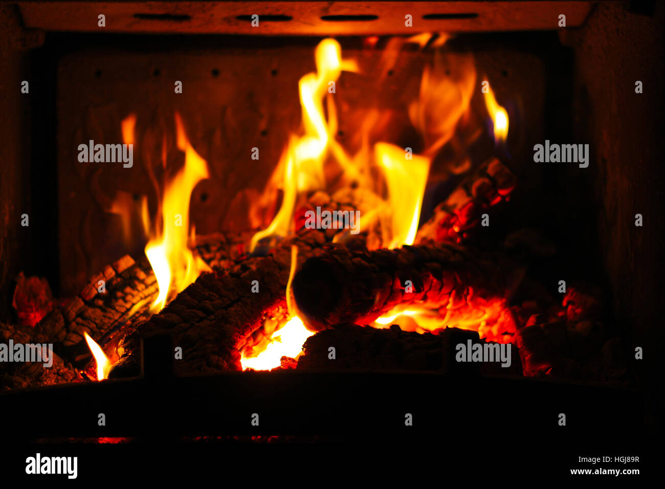 Burning Wood In The Fireplace Stock Photo Alamy