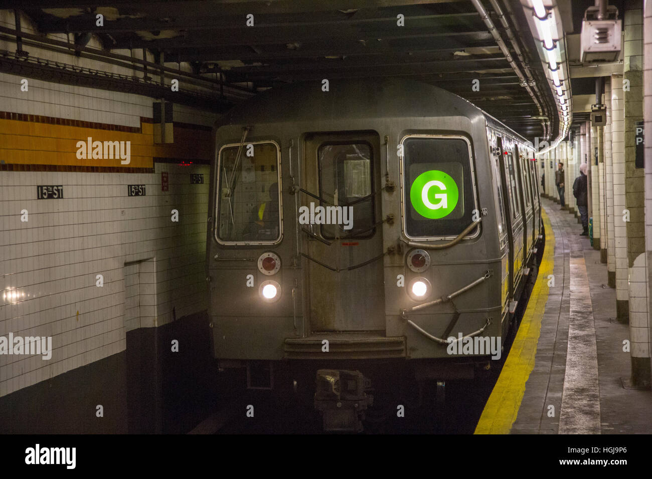 G Train in the station at the Prospect Park stop in Brooklyn, NY Stock