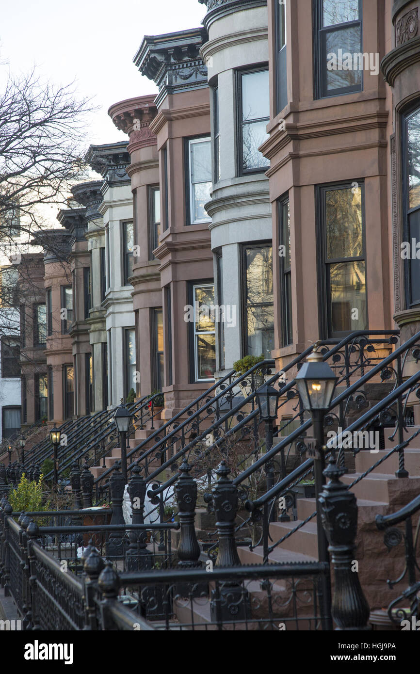 Brownstones on a residential block in Park SLope, Brooklyn, NY Stock