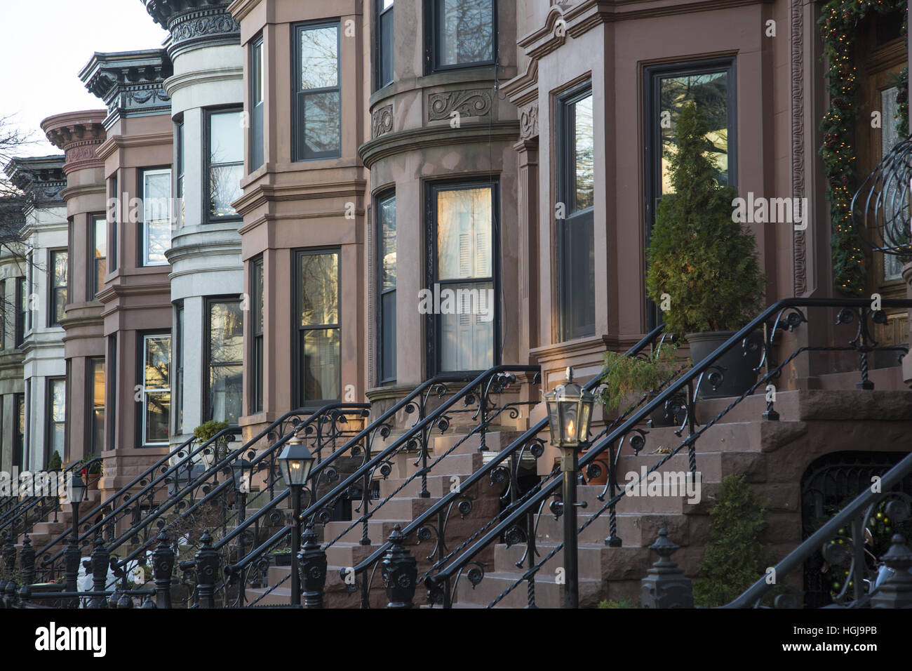 Brownstones on a residential block in Park SLope, Brooklyn, NY Stock
