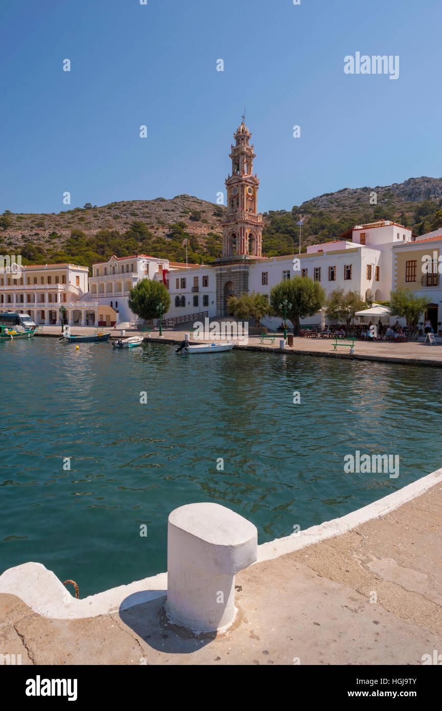 The waterfront and Monastry of Panormitis on symi Stock Photo