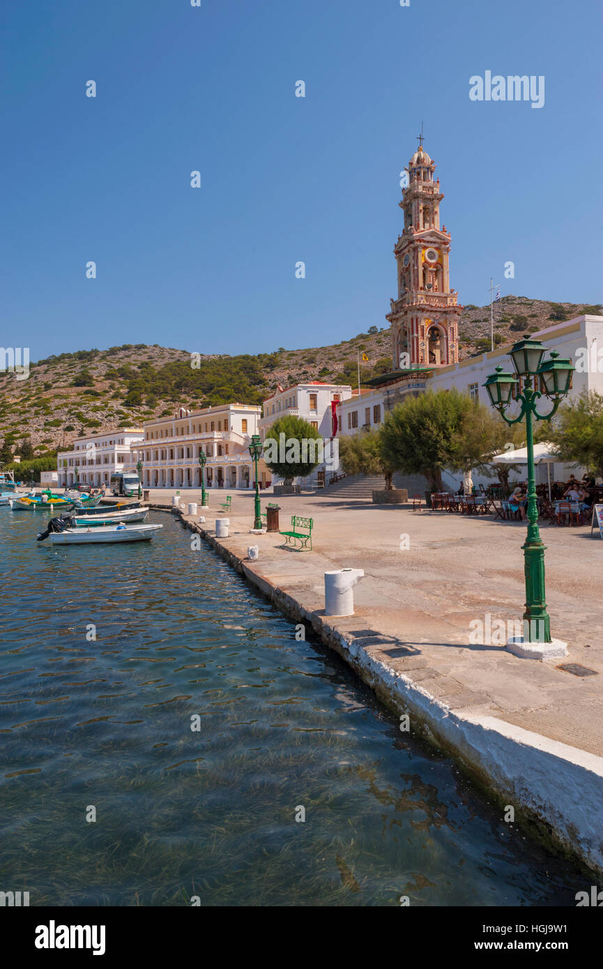The waterfront and Monastry of Panormitis on symi Stock Photo