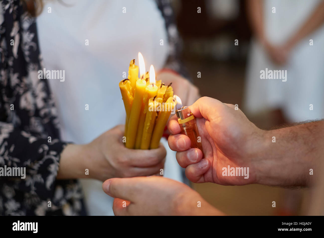 Candles during orthodox christening baptism. Orthodox church Stock