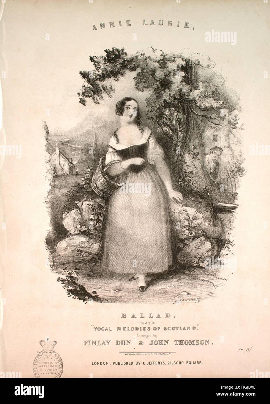 Sheet music cover image of the song 'Annie Laurie Ballad From the 'Vocal Melodies of Scotland'', with original authorship notes reading 'Arranged by Finlay Dun and John Thomson', United Kingdom, 1900. The publisher is listed as 'C. Jefferys, 21 Soho Square', the form of composition is 'strophic', the instrumentation is 'piano and voice', the first line reads 'Maxwellton braes are bonnie, where early fa's the dew', and the illustration artist is listed as 'M. and N. Hanhart Lith. Printer 64 Charlotte St. Rathbone Pl.; J. Brandard, del.'. Stock Photo
