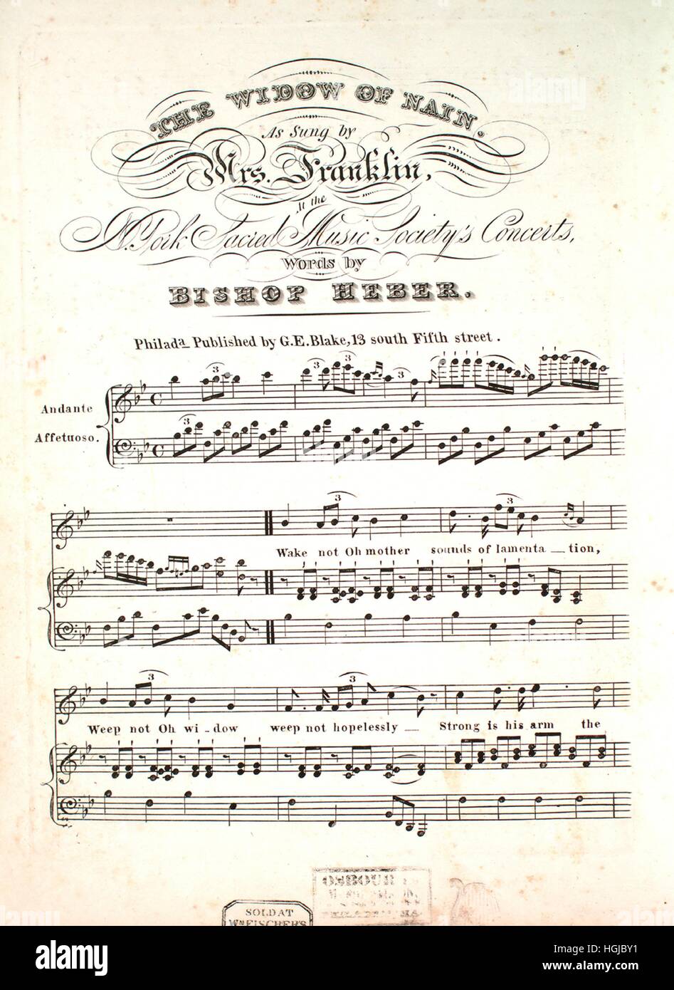 Sheet music cover image of the song 'The Widow of Nain', with original authorship notes reading 'Words by Bishop Heber', United States, 1900. The publisher is listed as 'G.E. Blake, 13 South Fifth Street', the form of composition is 'strophic', the instrumentation is 'piano and voice', the first line reads 'Wake not Oh mother sounds of lamentation', and the illustration artist is listed as 'None'. Stock Photo