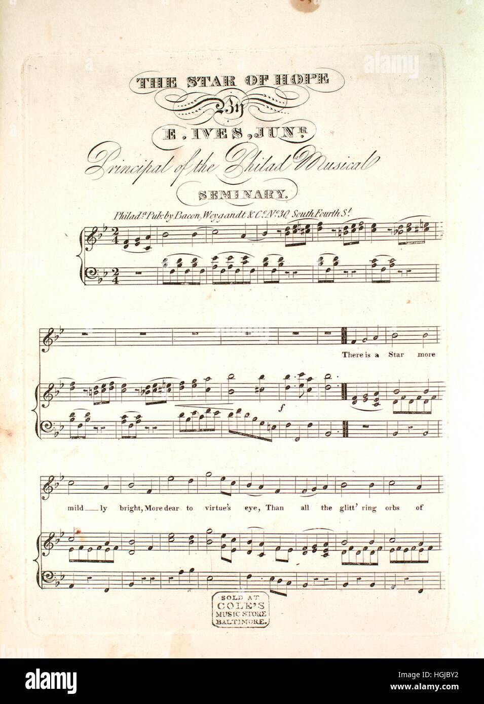 Sheet music cover image of the song 'The Star of Hope', with original authorship notes reading 'By E Ives, Junr, Principal of the Philad Musical Seminary', United States, 1900. The publisher is listed as 'Bacon, Weygandt and Co., No. 30 South Fourth St.', the form of composition is 'strophic', the instrumentation is 'piano and voice', the first line reads 'There is a star more mildly bright, more dear to virtue's eye', and the illustration artist is listed as 'None'. Stock Photo