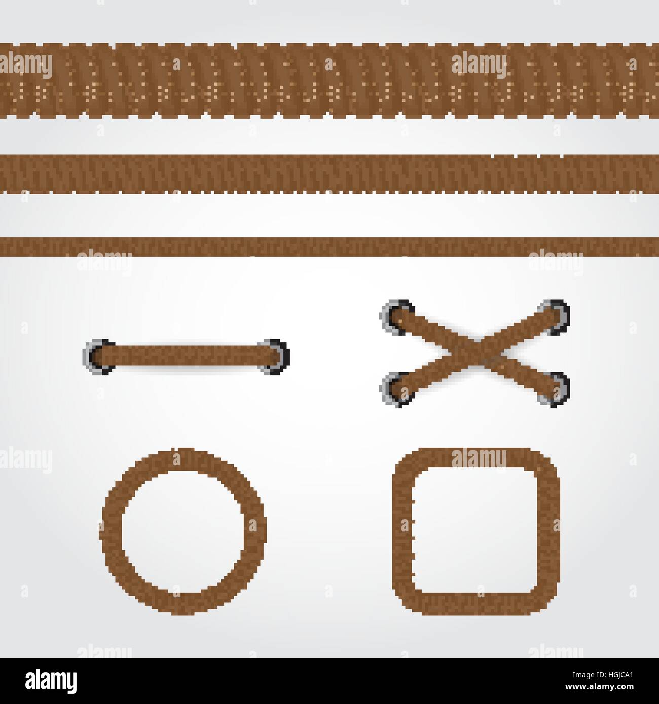 Seamless rope set. Circle, square frames and straight brown rope or cable line. Stock Vector