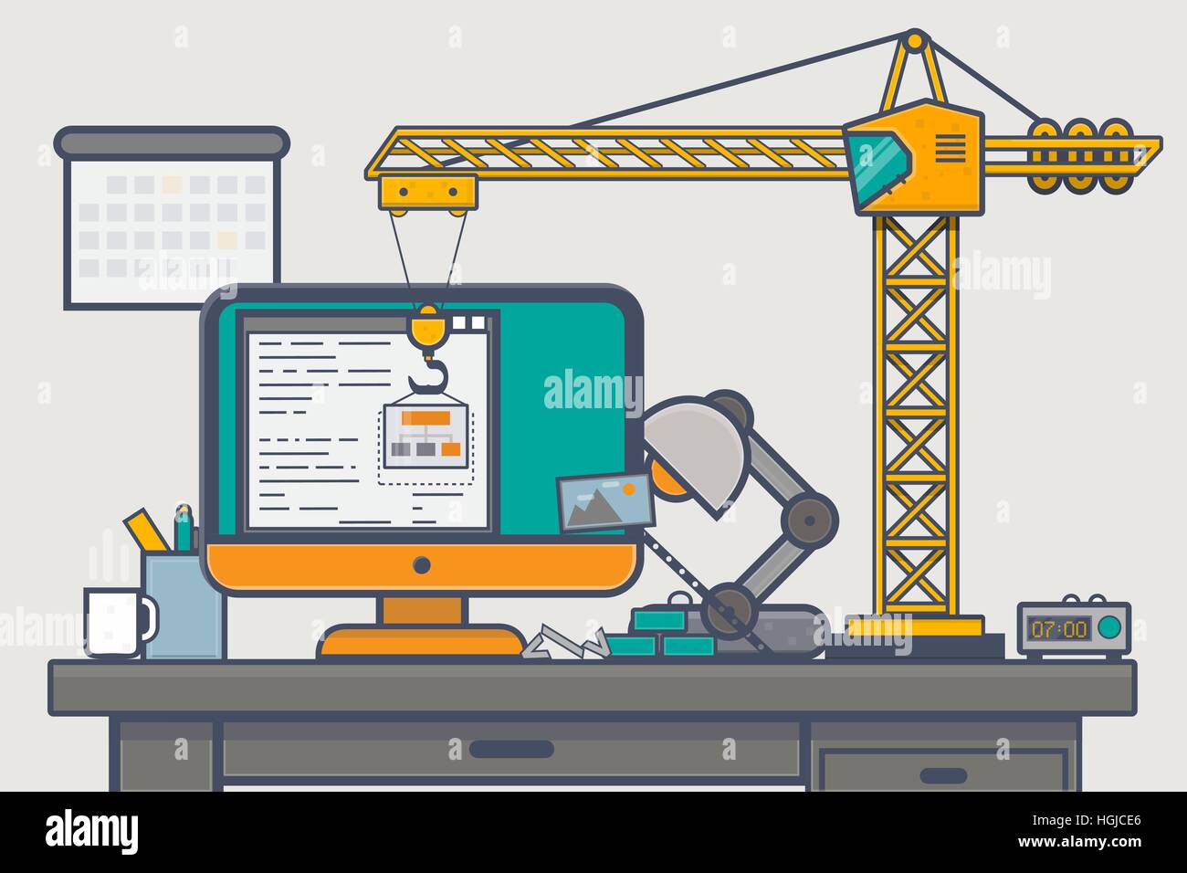 Line style abstract concept. Website building with construction crane on desk full of design items. Stock Vector