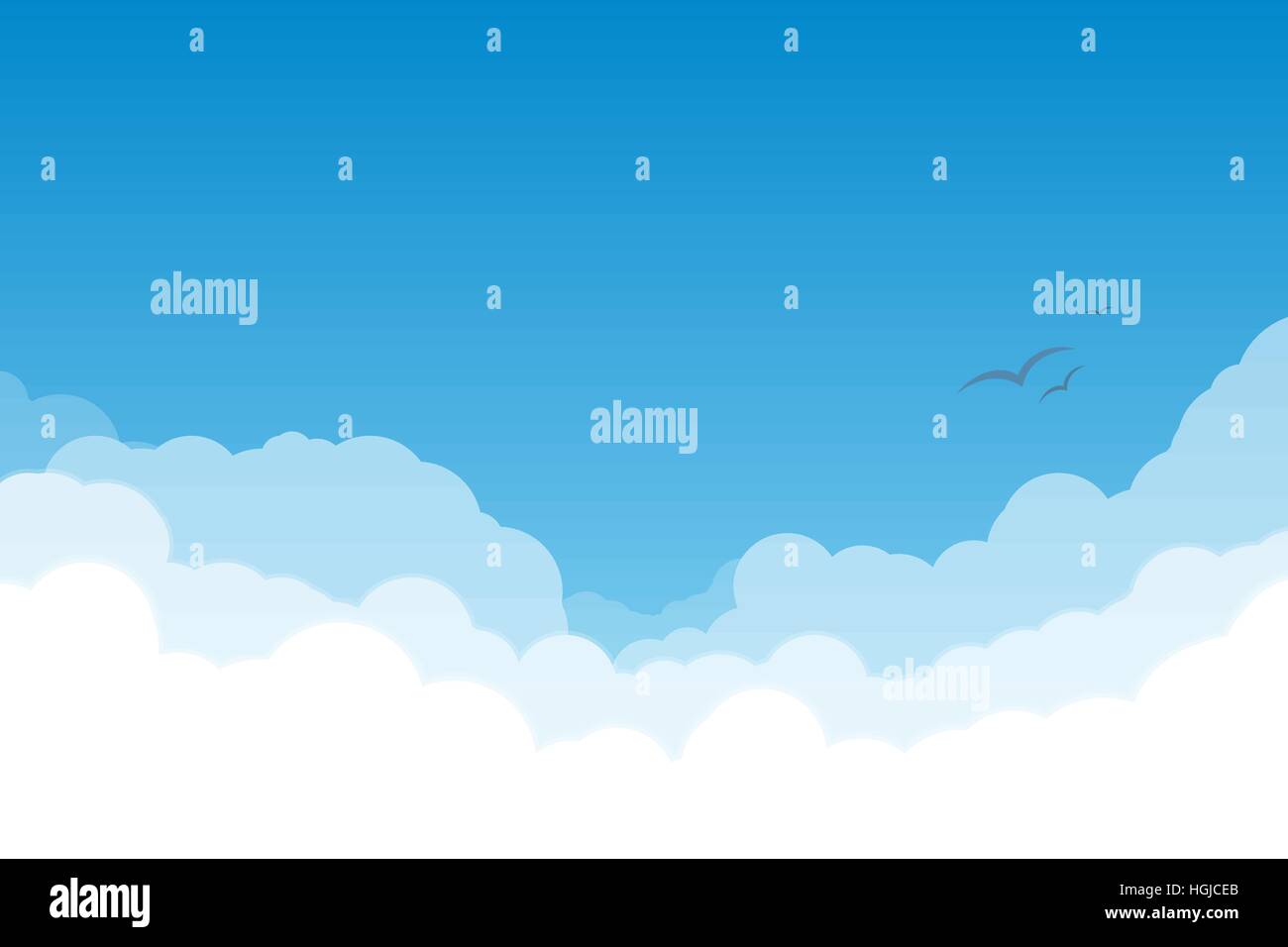 White and transparent clouds on the blue sky with flying birds. Stock Vector