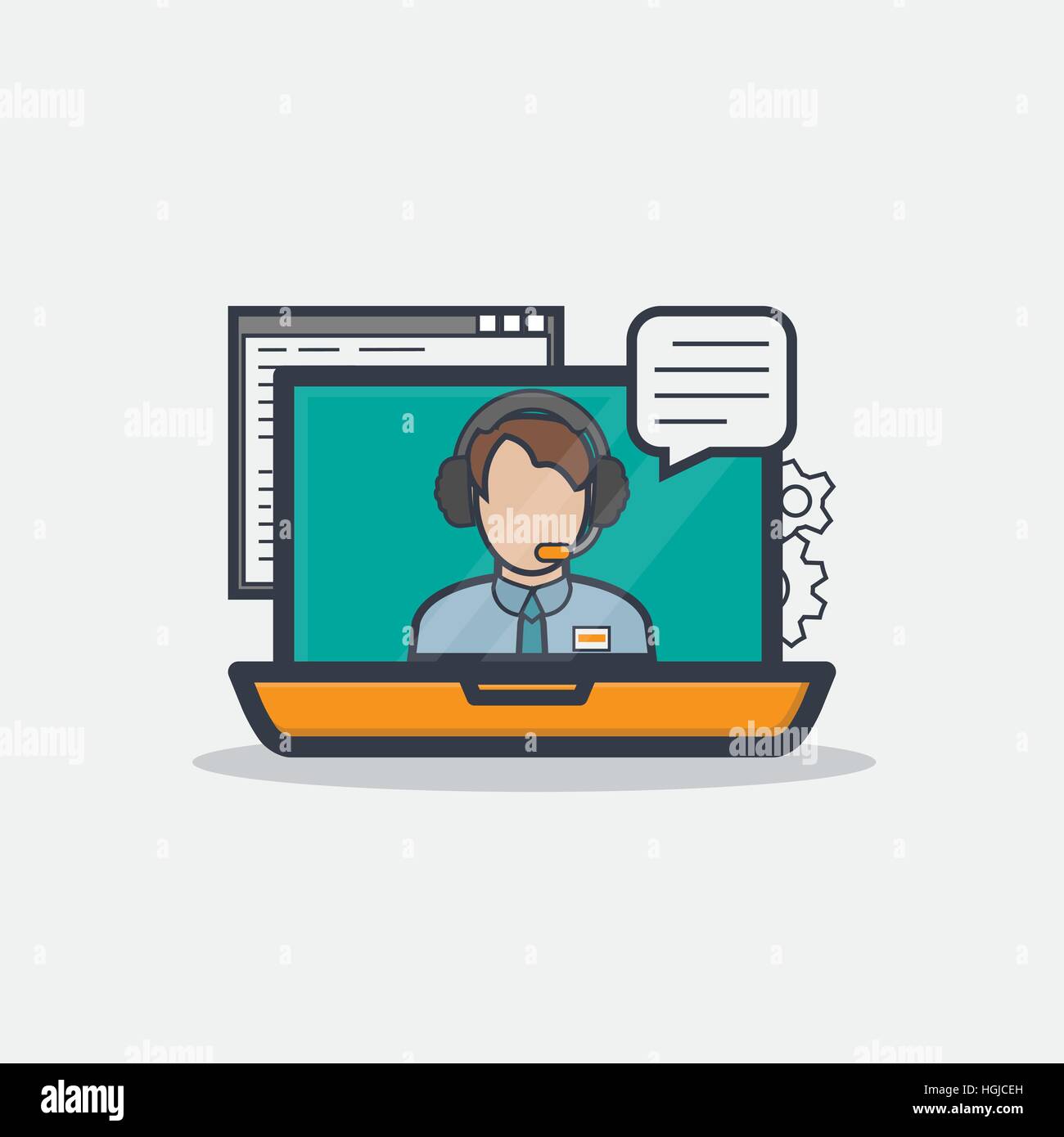 Thick and thin lines concept of man with headseton on notebook display talking in online chat, representing online support service. Stock Vector