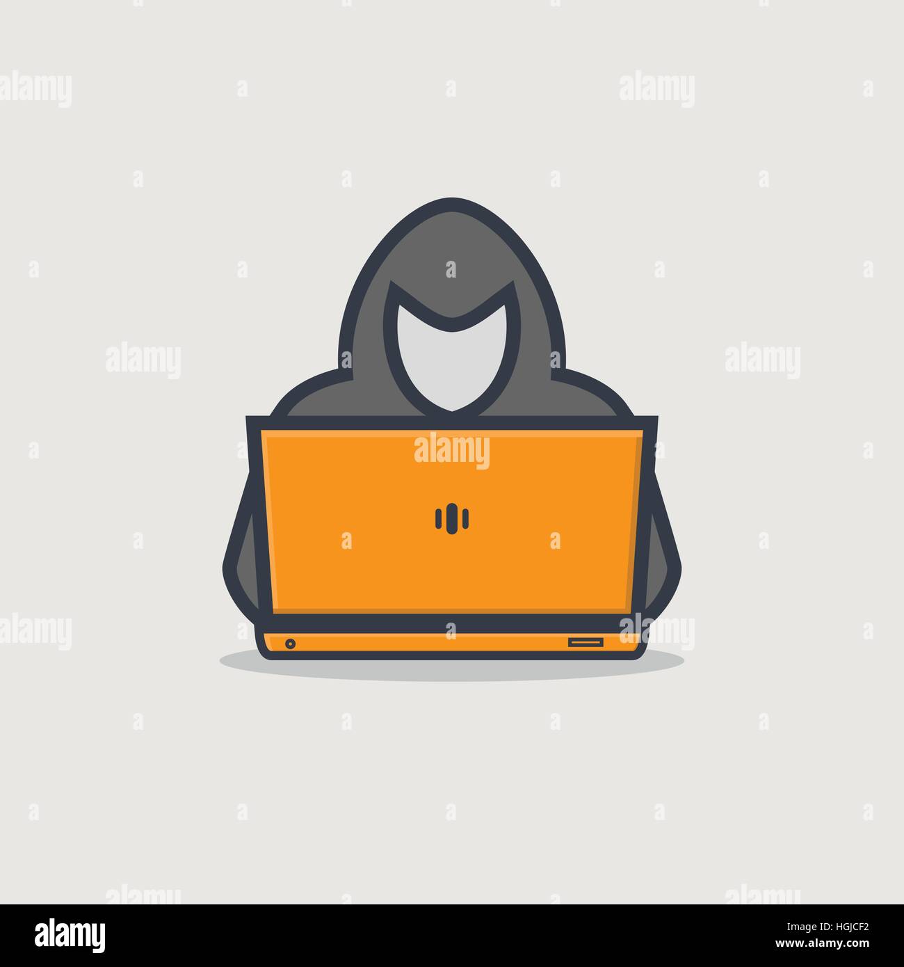 Thick line emblem of hacker person with golden laptop stealing personal information from internet. Stock Vector