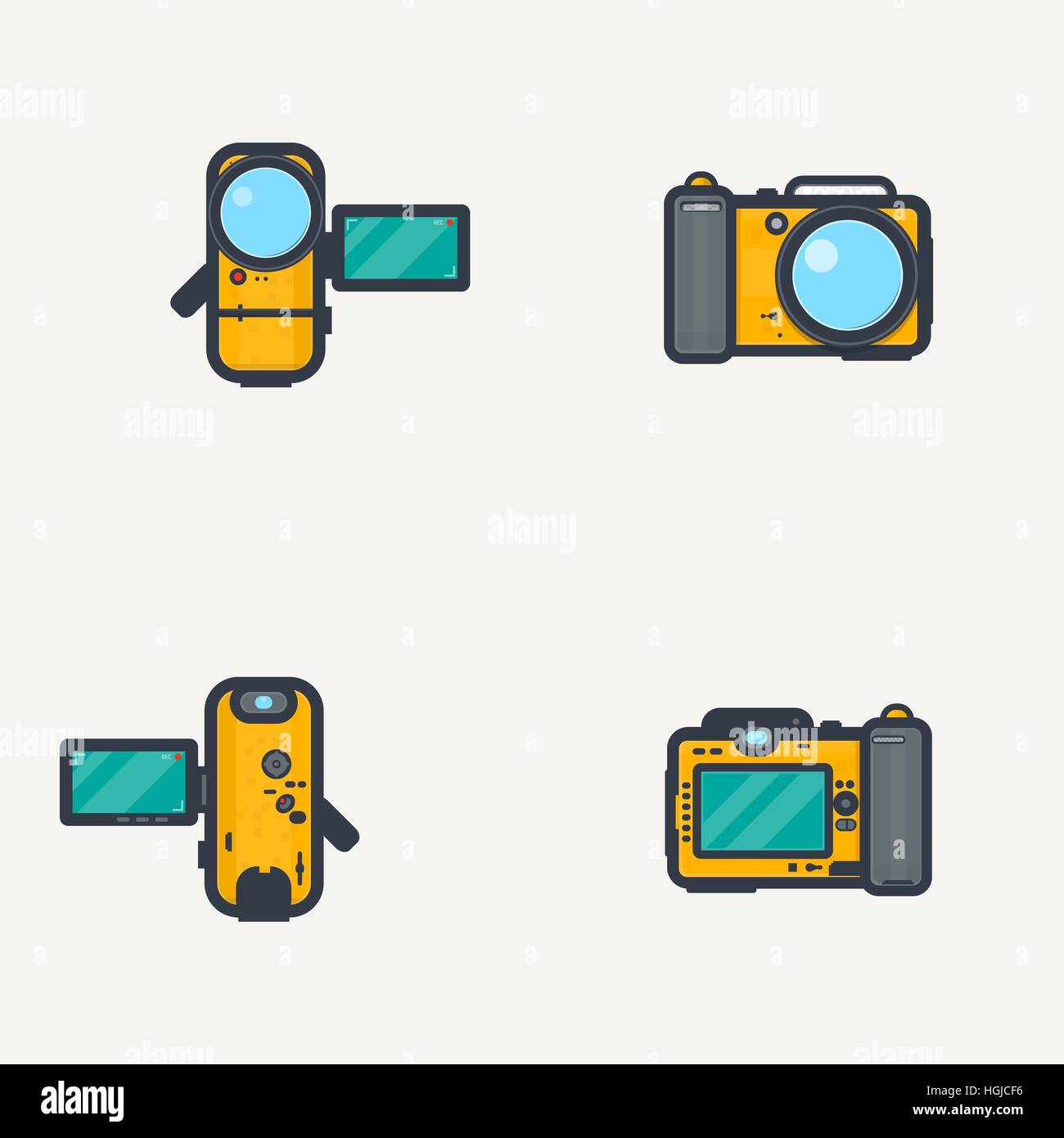 Line pixel style, sport waterproof yellow photo camera and video camera. View from front and back, with open display. Stock Vector