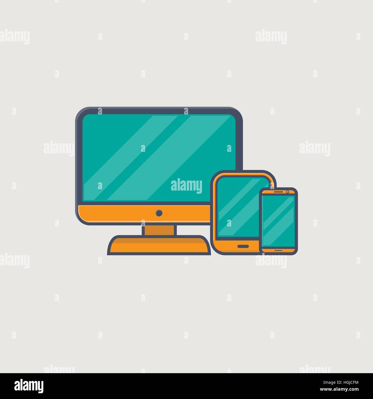 Line icons of computer monitor, tablet and phone in golden colors, representing responsive web site design. Stock Vector