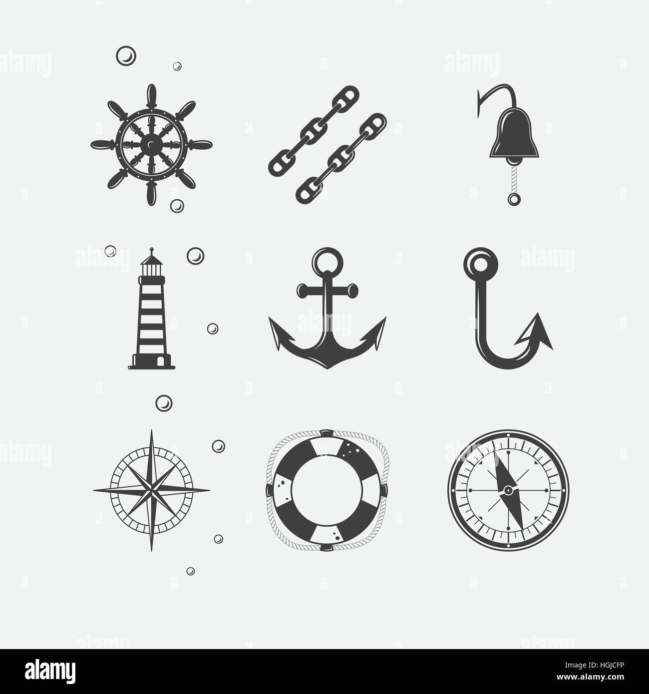 Set of black sea theme icons of ship navigation related objects. Stock Vector