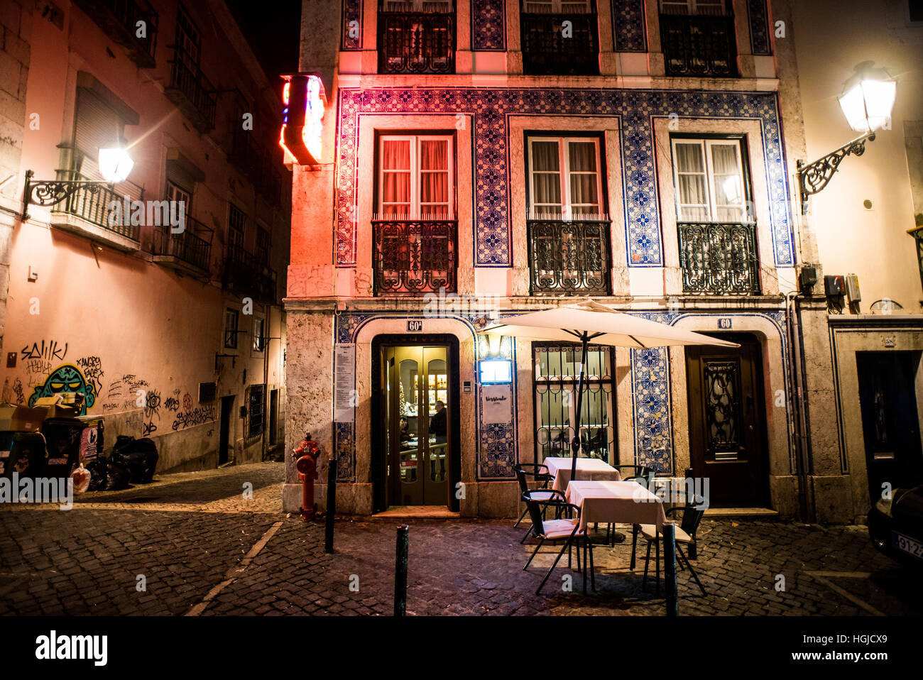 a bar sits ready waiting for the night's revelry in Lisbon's famous Bairro Alto Stock Photo