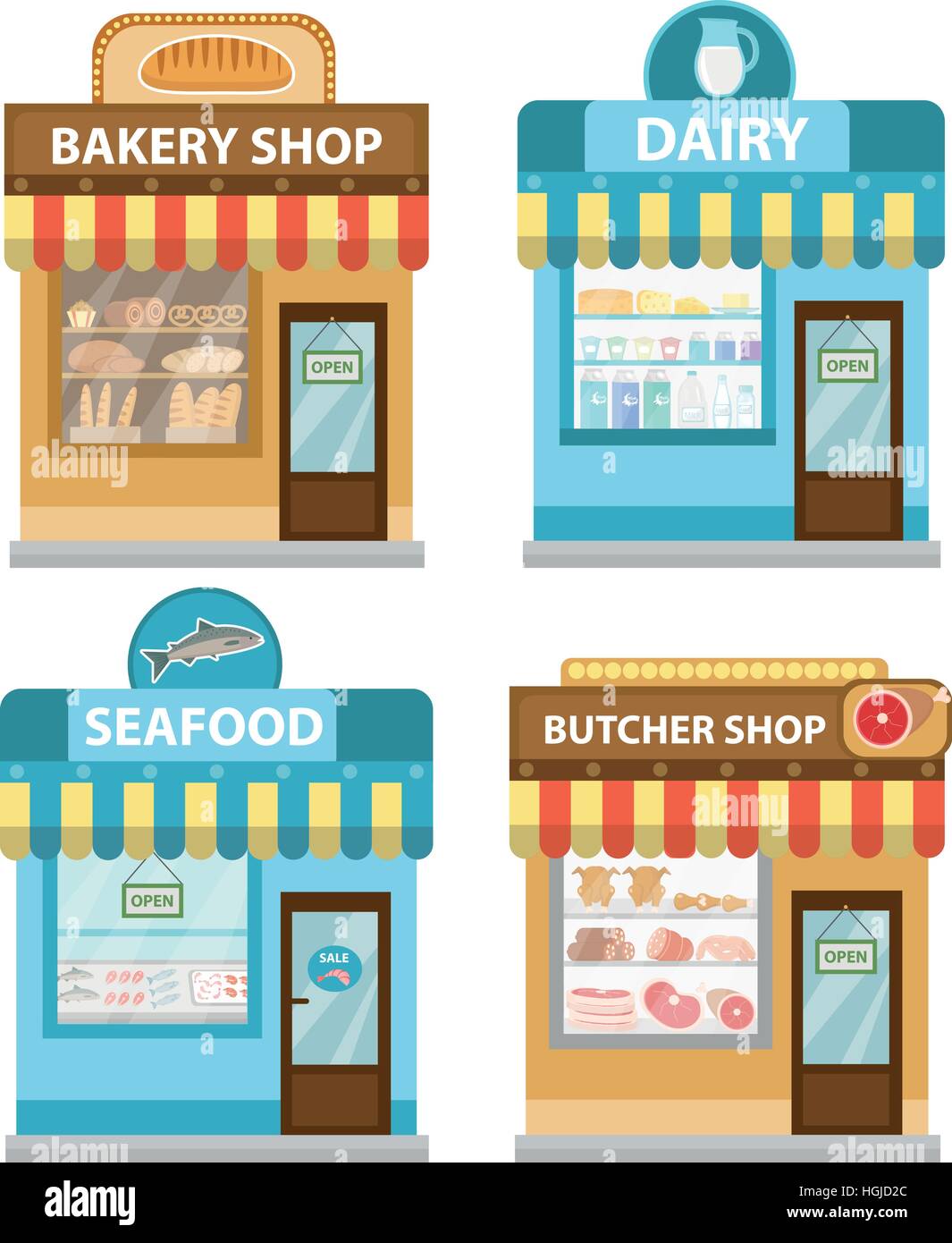 Stores building set, flat style. Shop collection isolated on white background. Fish products, meat, dairy, bakery. Vector illustration, clip art. Stock Vector