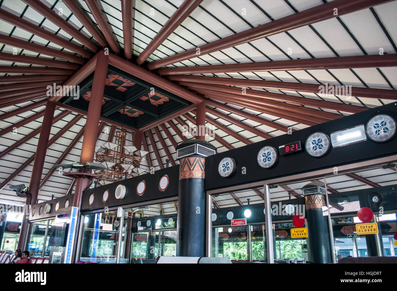 wooden beams, roof, gate at Jakarta airport Stock Photo