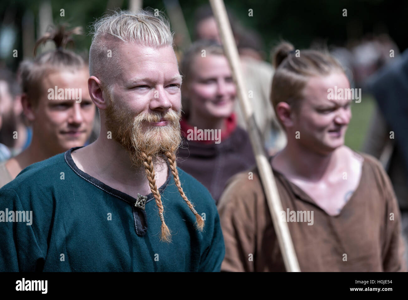 People dresses as vikings preparing for battle, Moesgaard, Aarhus Stock