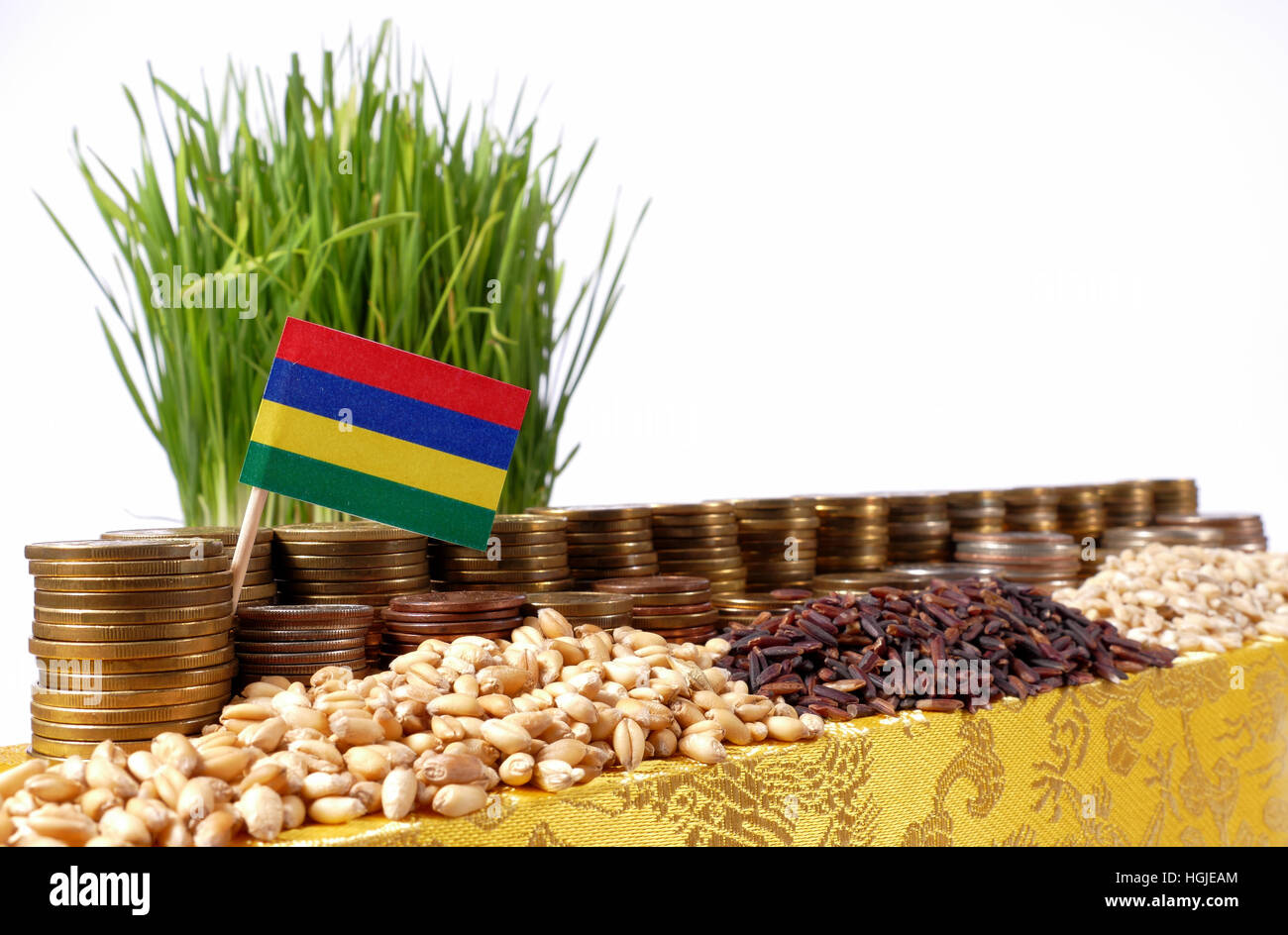 Mauritius flag waving with stack of money coins and piles of wheat and rice seeds Stock Photo