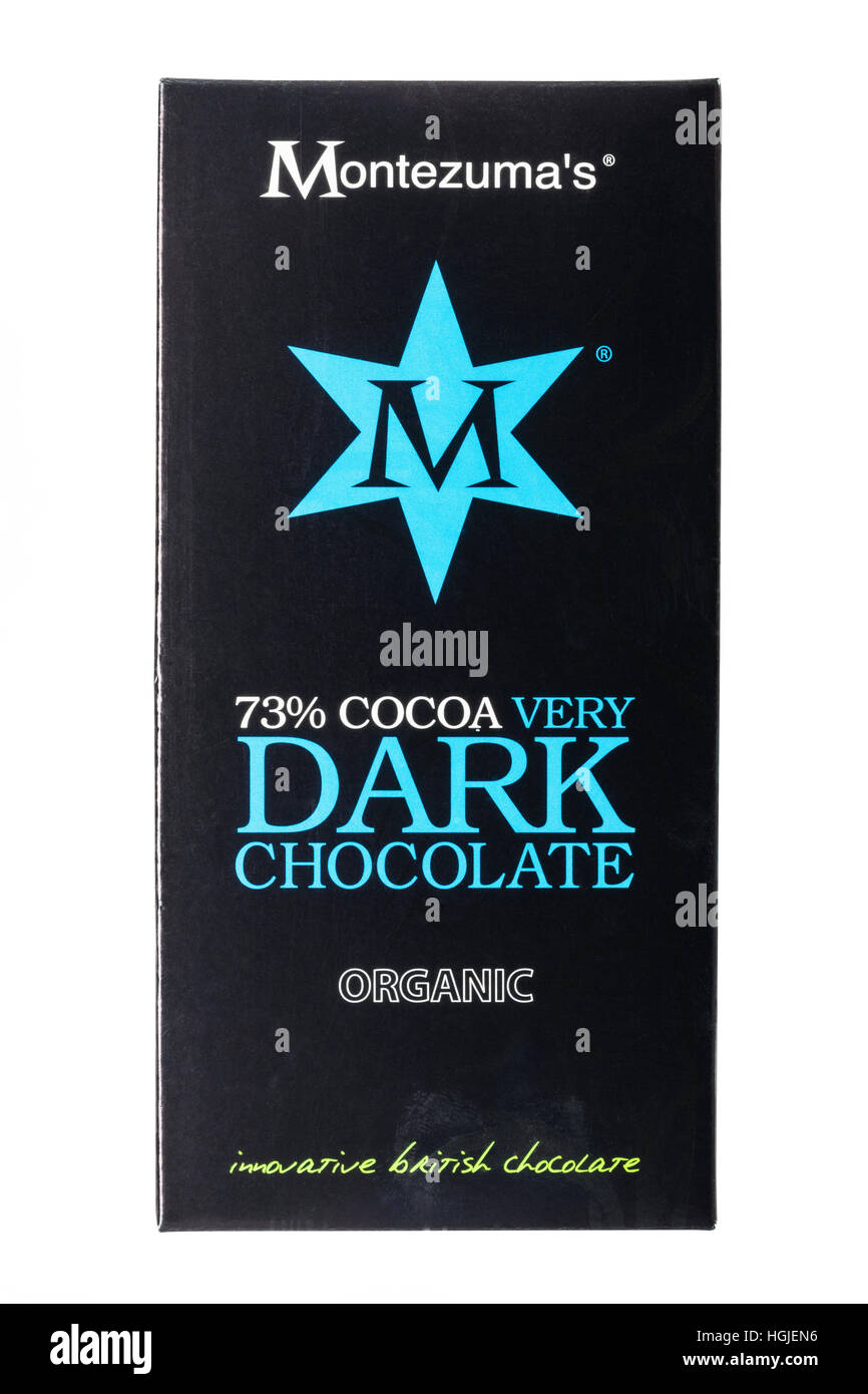 A bar of Montezuma's very dark chocolate on a white background Stock Photo