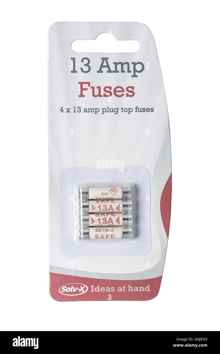 A pack of 13 amp fuses on a white background Stock Photo