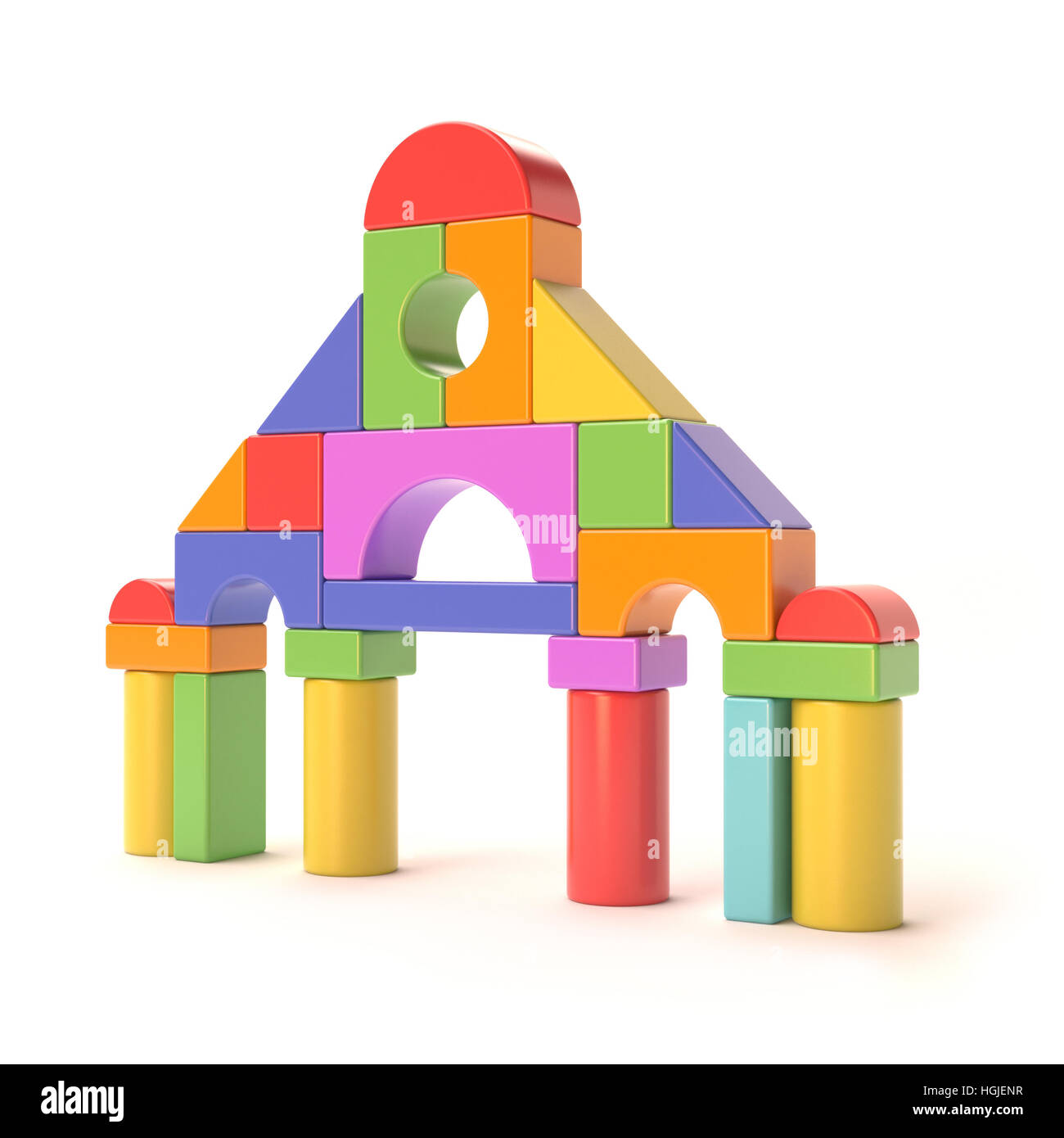 Plastic toy blocks, little castle front. 3D render illustration