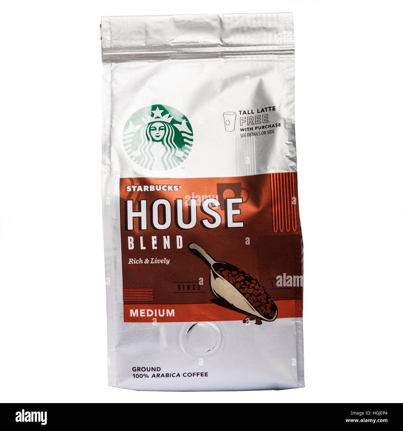 A pack of starbucks house blend ground coffee on a white background Stock Photo