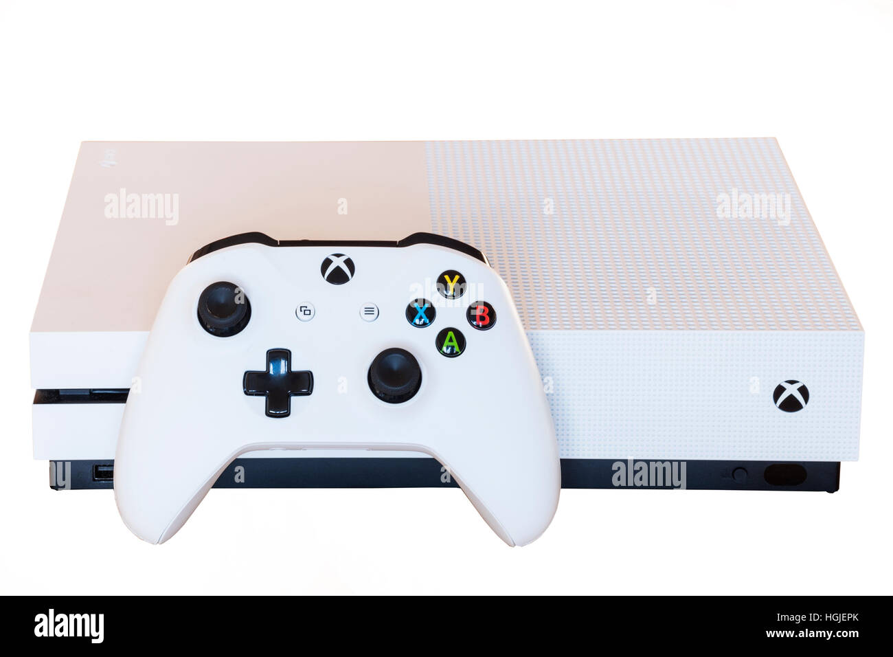 An XBOX ONE S games console and controller on a white background Stock Photo