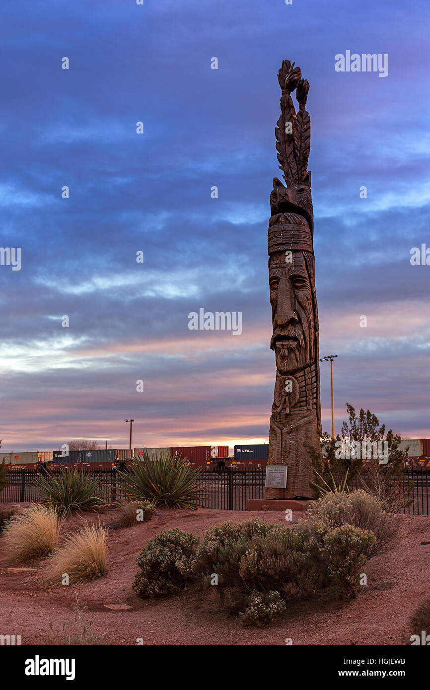 Totem Pole at sunset in Winslow, Arizona Stock Photo
