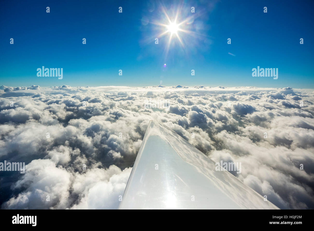 Aerial view, clouds, fly on top, wing of an aeroplane, clouds Mountains, Cumulus Altus, stratocumulus, Kuhlen-Wendorf Stock Photo