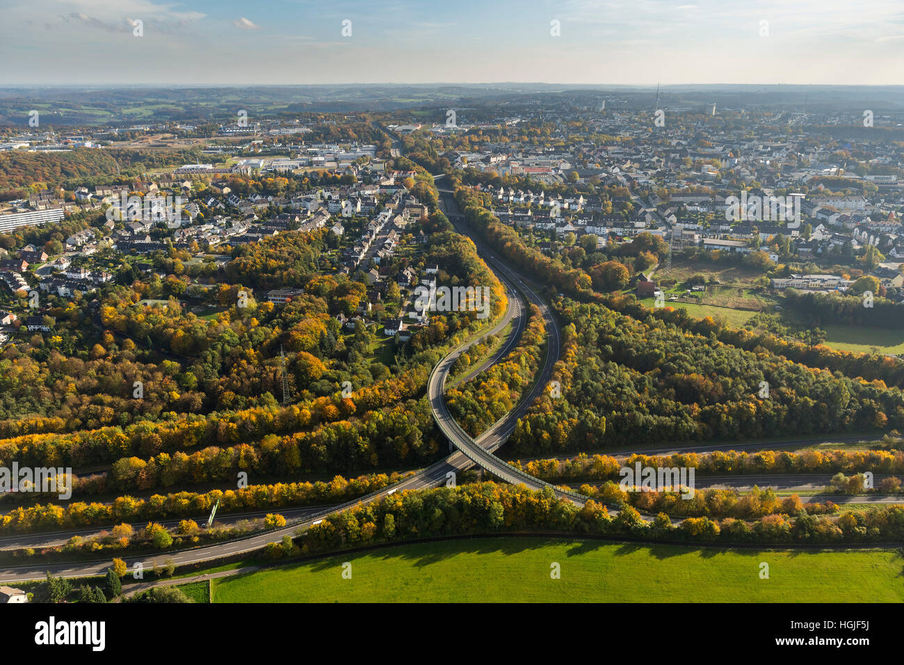 Aerial view expressways Autobahndreieck Velbert North A535 and A44, Velbert, Ruhr, Nordrhein-Westfalen, Germany, Europe, Aerial, Stock Photo