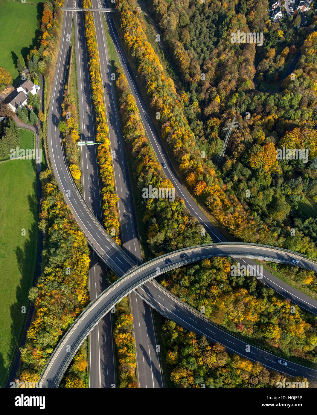 Aerial view expressways Autobahndreieck Velbert North A535 and A44, Velbert, Ruhr, Nordrhein-Westfalen, Germany, Europe, Aerial, Stock Photo