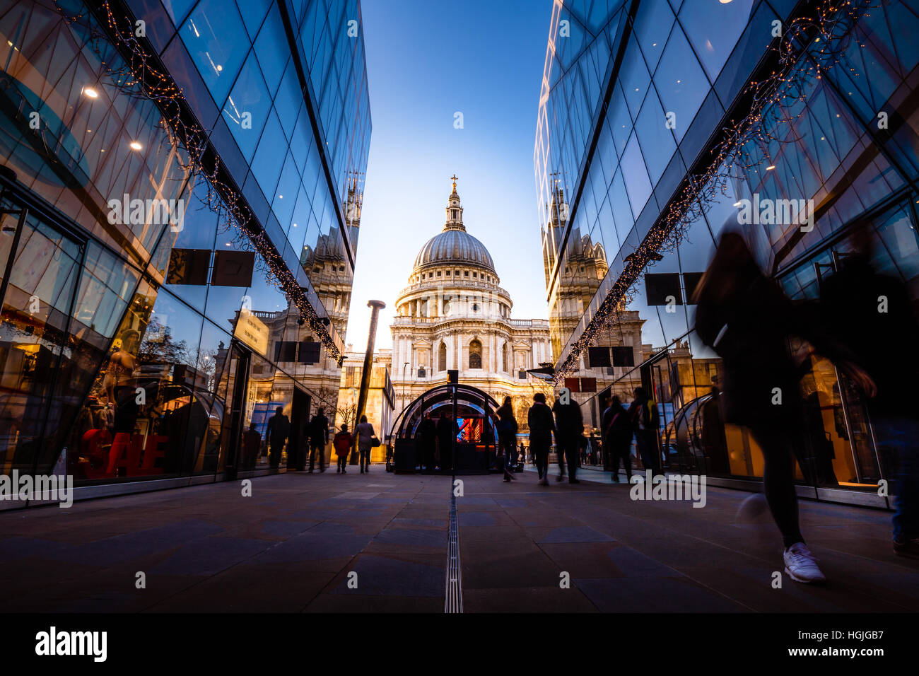 View of St. Paul's Cathedral from One New Change Mall with Shoppers, London, United Kingdom Stock Photo