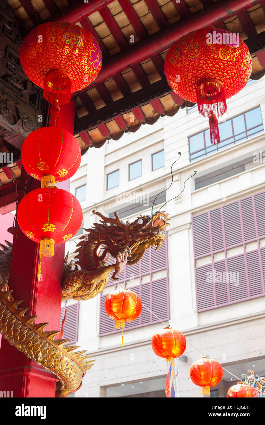 Chinese dragon statue adorning the outside of a Chinese temple in Kuala Lumpur. Stock Photo
