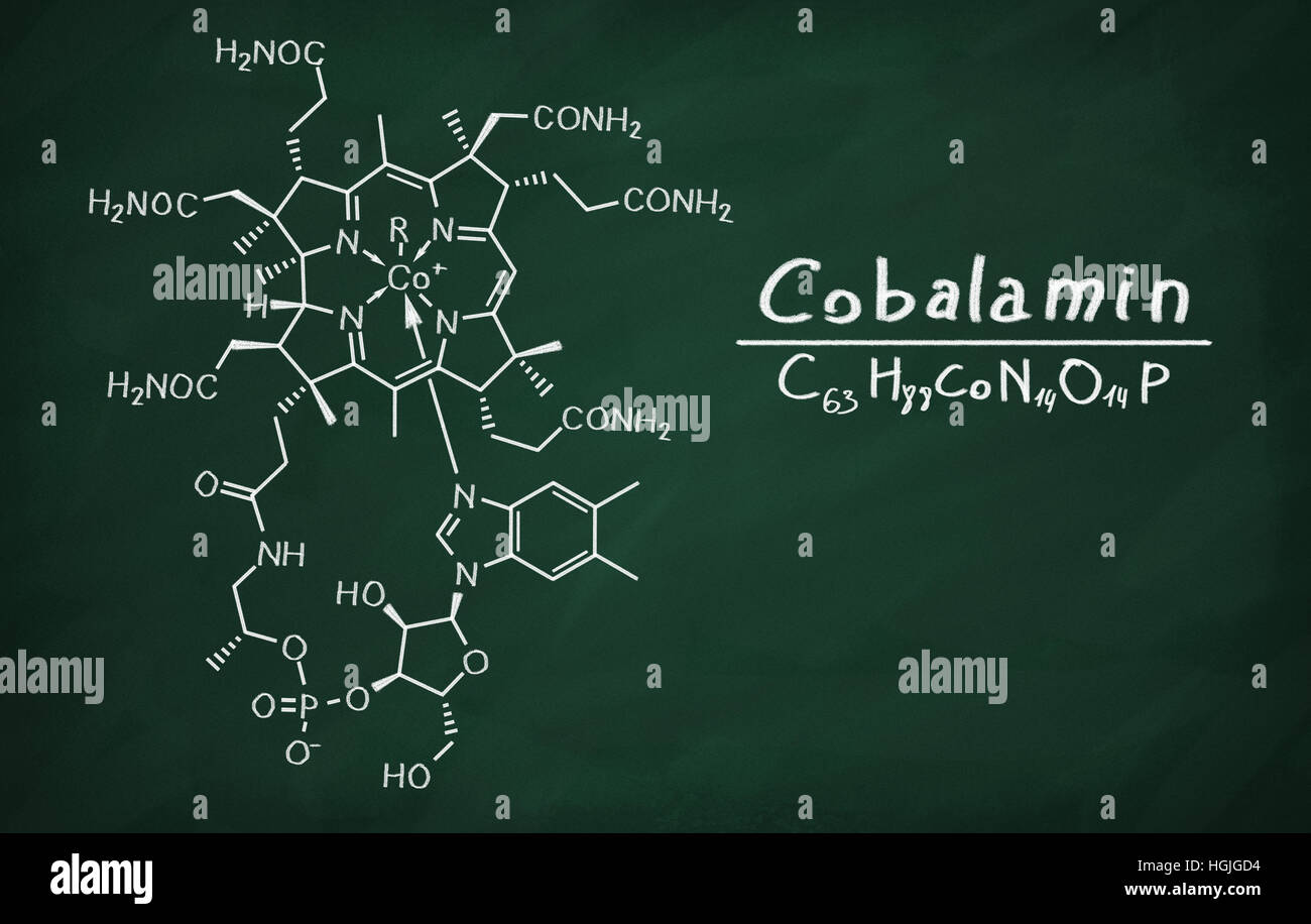 Structural model of Cobalamin on the blackboard. Stock Photo