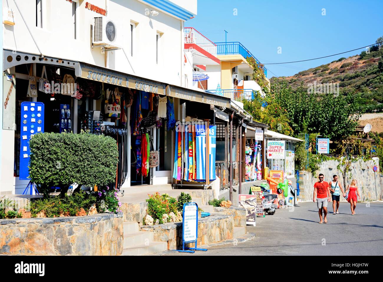 Tourist gift shops along a village street, Bali, Crete, Greece, Europe. Stock Photo