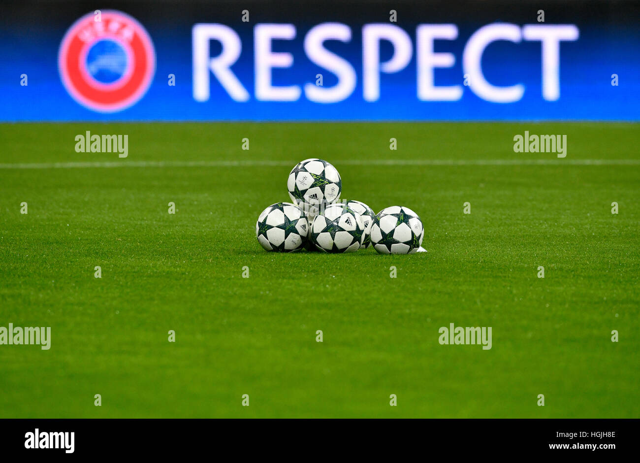 Match balls with Champions League Logo in front of UEFA perimeter advertisement, RESPECT, Allianz Arena, Munich, Bavaria Stock Photo