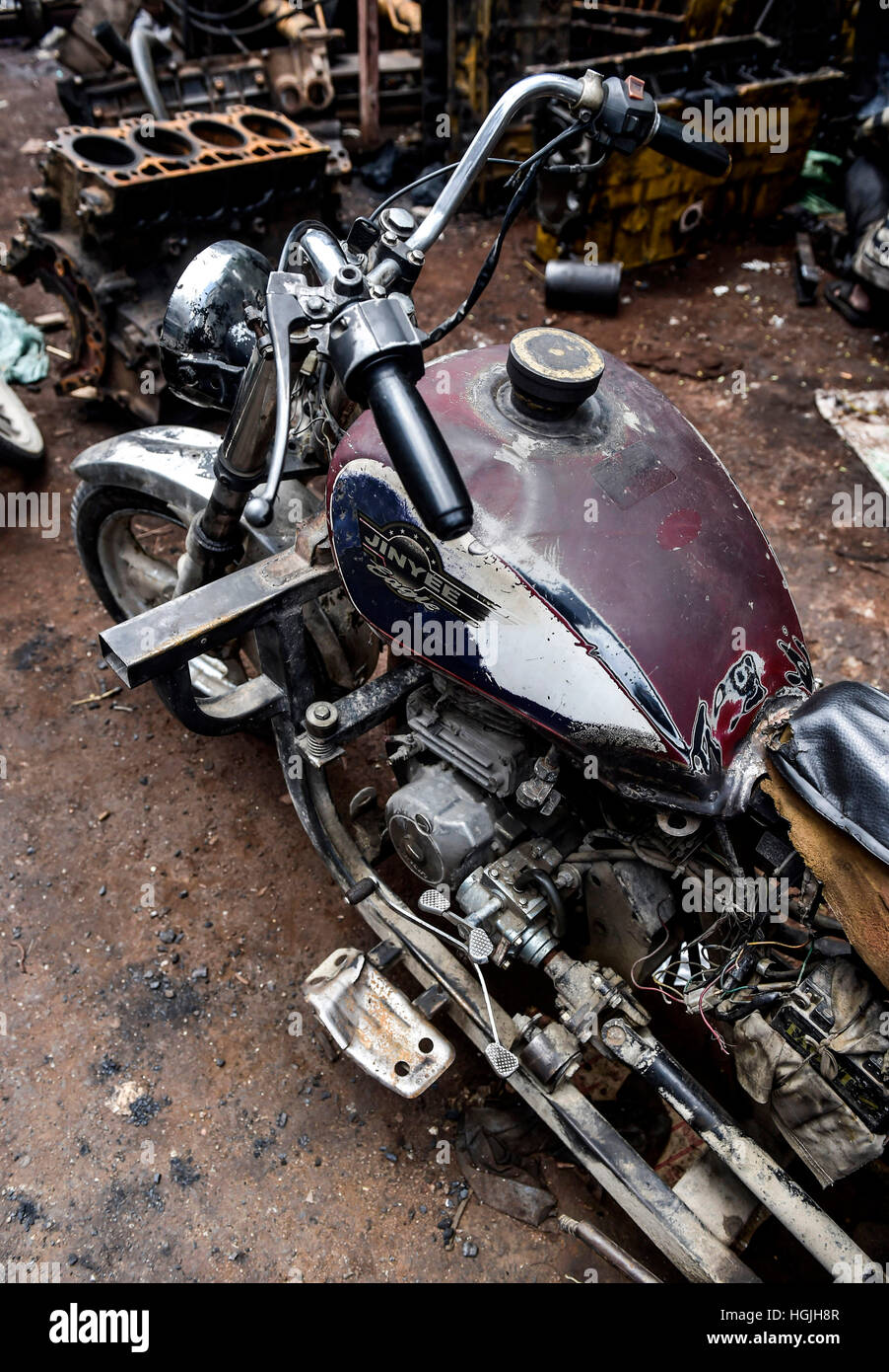 Yinyee Chopper motorcycle in a workshop, Phnom Penh, Cambodia Stock Photo