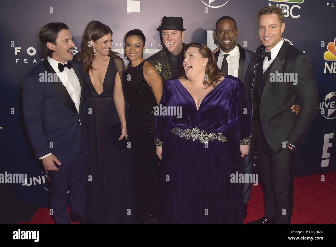 Beverly Hills, California, USA. 8th Jan, 2017. Milo Ventimiglia, Mandy Moore, Chris Sullivan, Susan Kelechi Watson, Chrissy Metz, Sterling K. Brown and Justin Hartley attend the NBC Universal's 74th Annual Golden Globes After Party at Beverly Hilton Hotel on January 8, 2017 in Beverly Hills, California, USA. | Verwendung weltweit/picture alliance © dpa/Alamy Live News Stock Photo