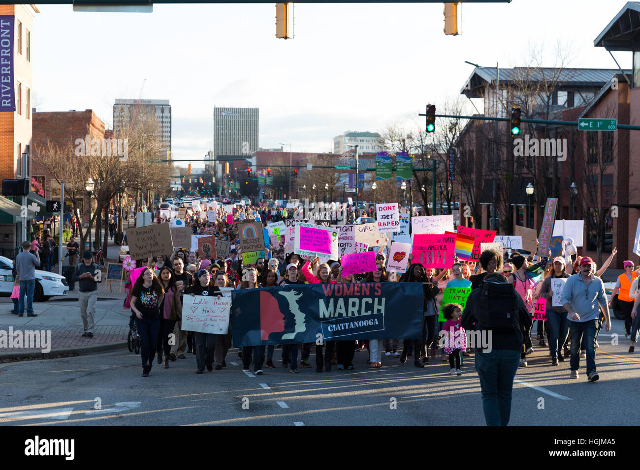 Chattanooga, Tennessee, USA. 21st January, 2017. Demonstrators march through the city holding feminist and anti-Trump signs as part of Women's March, Chattanooga. Credit: TDP Photography/Alamy Live News Stock Photo