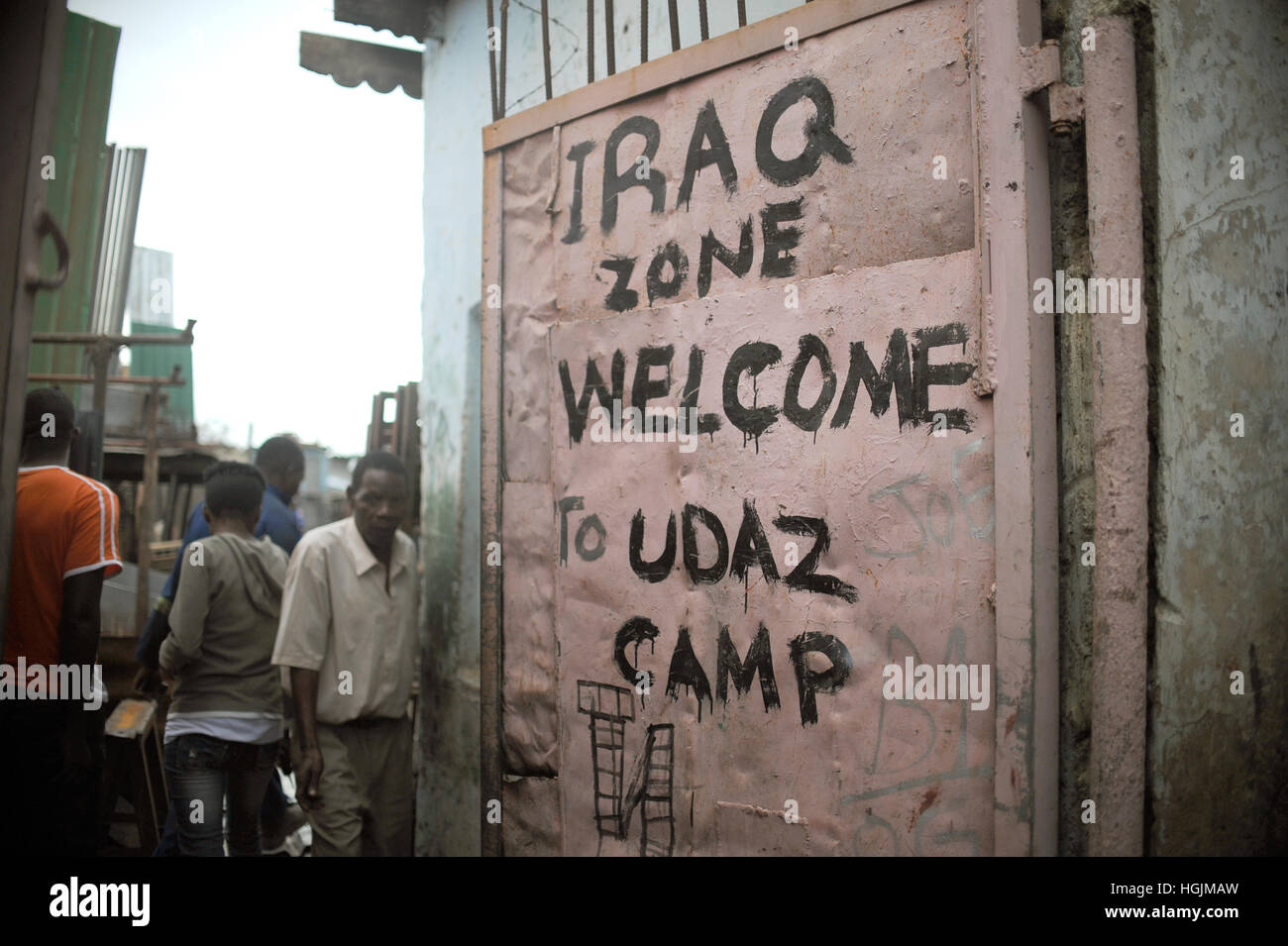 A door with the slogan 'IRAQ zone Wlcome to UDAZ camp' in Lusaka, Zambia, 09 March 2016. Photo: Britta Pedersen/dpa-Zentralbild/ZB Stock Photo