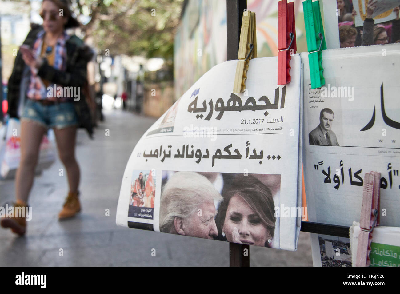 Beirut, Lebanon. 22nd January, 2017. A Newspaper stand in Beirut displays Arabic newspapers featuring the Inauguration of President Donald Trump Credit: amer ghazzal/Alamy Live News Stock Photo
