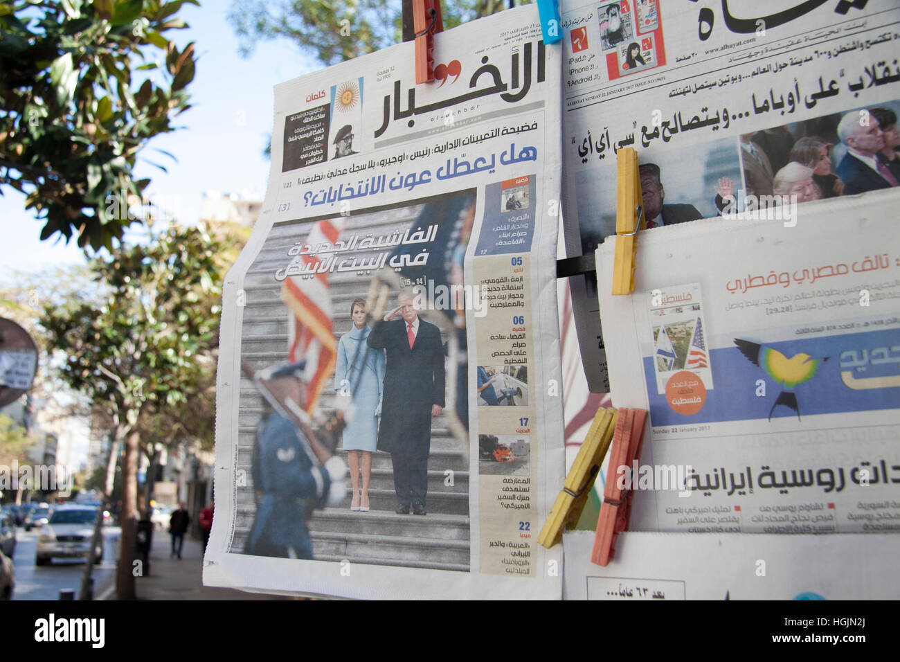 Beirut, Lebanon. 22nd January, 2017. Beirut Lebanon. 22nd January 2017. A Newspaper stand in Beirut displays Arabic newspapers featuring the Inauguration of President Donald Trump Credit: amer ghazzal/Alamy Live News Stock Photo