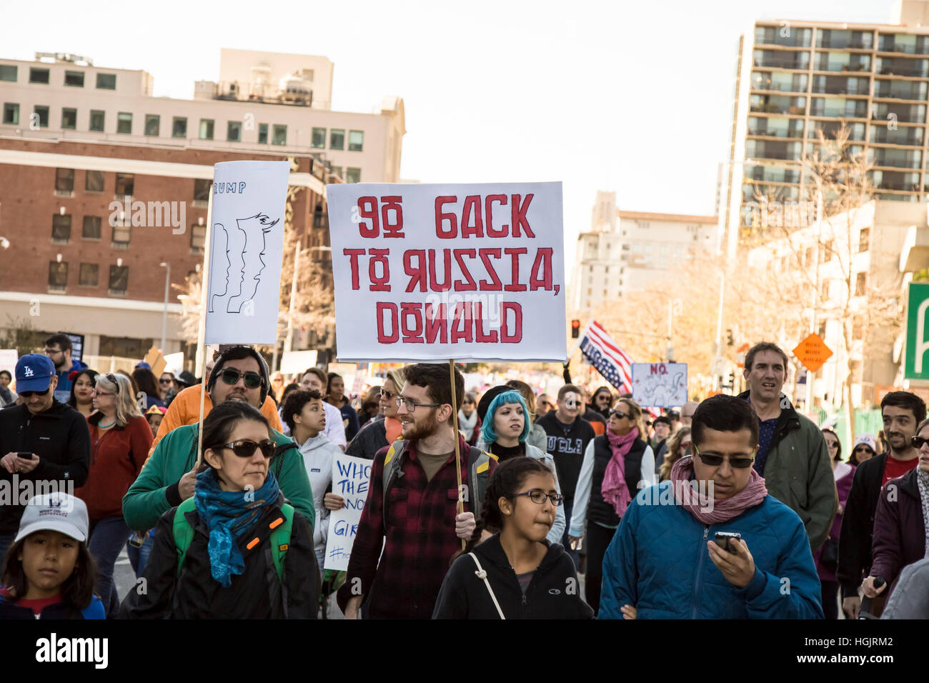 Los Angeles, USA. 21st January, 2017. Thousands of Angelenos gathered in Downtown Los Angeles to march in solidarity with the Women’s March in Washington, DC, protesting Donald Trump’s policies and rhtetoric. Credit: Andie Mills/Alamy Live News Stock Photo