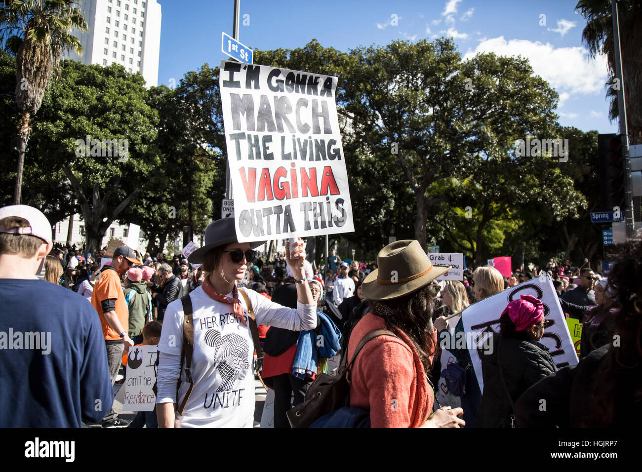 Los Angeles, USA. 21st January, 2017. Thousands of Angelenos gathered in Downtown Los Angeles to march in solidarity with the Women’s March in Washington, DC, protesting Donald Trump’s policies and rhtetoric. Credit: Andie Mills/Alamy Live News Stock Photo