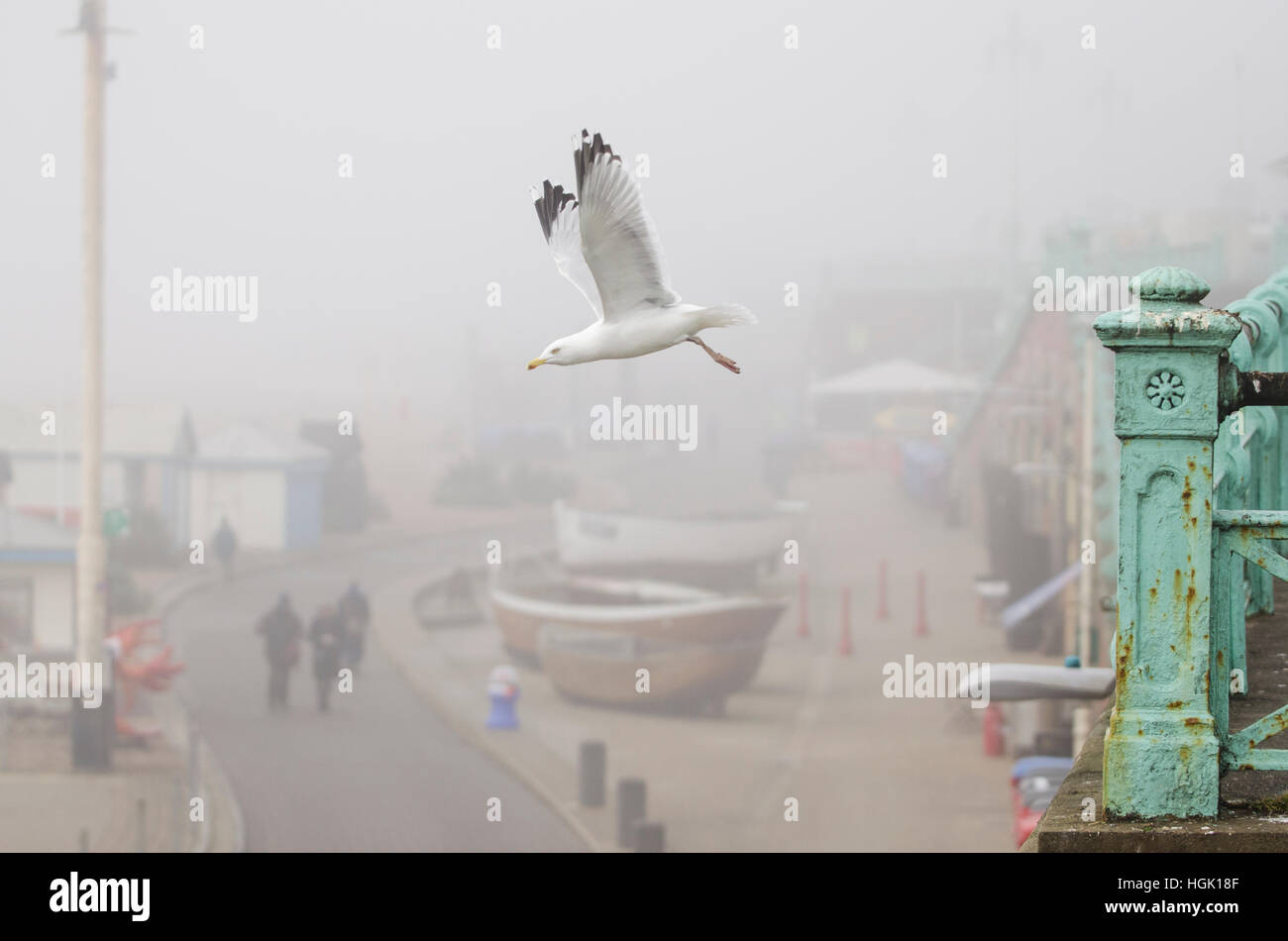 Brighton, East Sussex, UK. 23rd January 2017. UK Weather. Freezing fog and extremely poor visibility persists throughout the day on Brighton seafront. Poor visibility has resulted in hundreds of flight delays and cancellations at London’s airports as dense fog covers much of southern England. Credit: Francesca Moore/Alamy Live News Stock Photo
