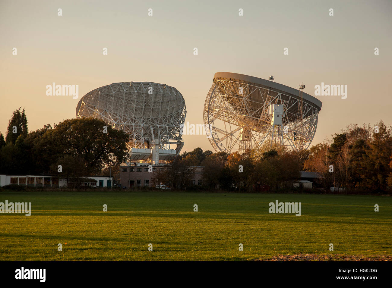 Giant radio telescope dishes at Jodrell Bank Cheshire. 2011. evening Stock Photo